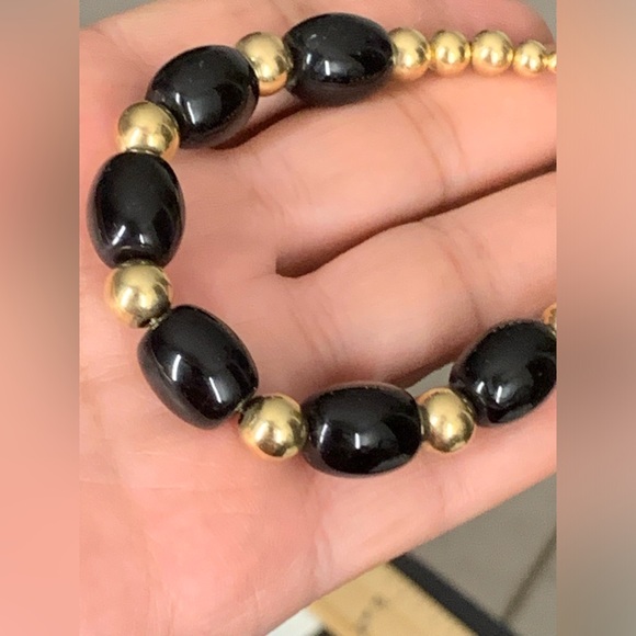 VINTAGE BLACK ONYX" 14K GOLD FILLED BALL BEADED BRACELET sz 7. 3/4” - Picture 7 of 10